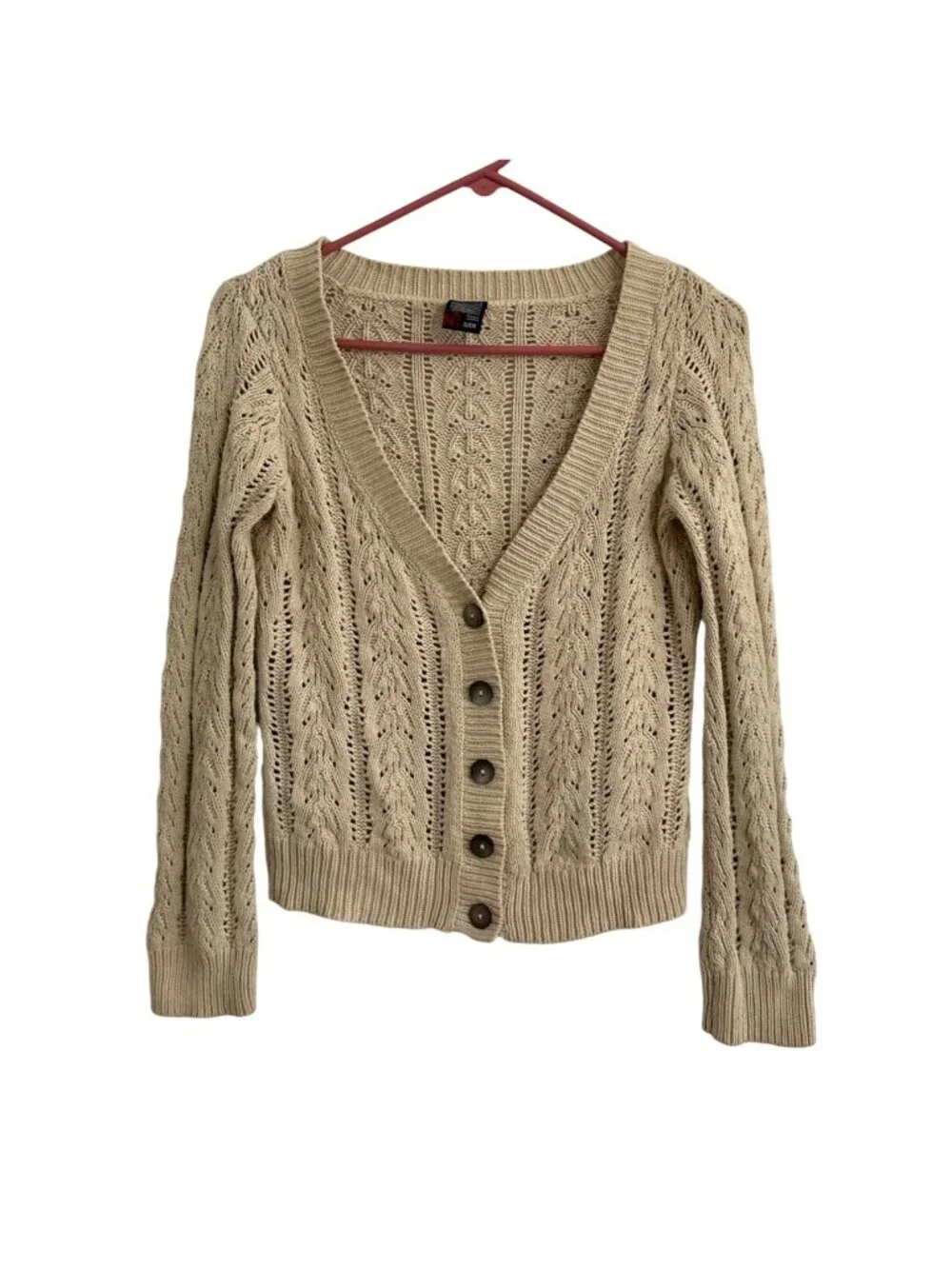 Nautica Beige Cable Knit Cardigan Cotton Blend Womens S Light Academia Preppy - Picture 2 of 8
